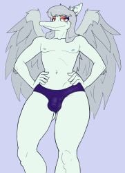 absurd_res anthro areola blue_body bone_frill bulge butt butt_from_the_front clothed clothing crossgender detailed_bulge elbow_feathers eyebrow_through_hair eyebrows eyeshadow fang_(gvh) feathered_wings feathers fingers frill_(anatomy) front_view ftm_crossgender genital_outline goodbye_volcano_high grey_body grey_feathers grey_hair hair half-closed_eyes hands_on_hips hi_res humanoid_hands ko_op_(game_developer) long_hair looking_at_viewer low-angle_view makeup male markings mozzieslaya narrowed_eyes navel nipples non-mammal_navel non-mammal_nipples orange_eyes penis_outline pinup portrait pose prehistoric_species pterosaur purple_background purple_clothing purple_speedo purple_swimwear reptile scalie simple_background smile smirk smug solo speedo speedo_only standing striped_markings stripes swimwear three-quarter_portrait topless topless_anthro topless_male translucent translucent_hair wings