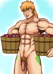 1boy abs apple balls bara big_macintosh_(mlp) big_penis bucket carrying cutie_mark flaccid freckles friendship_is_magic fruit gay green_eyes hair humanized looking_at_viewer male muscular_male my_little_pony nalls nipples nude pecs penis pubes red_hair red_hot_kick uncut