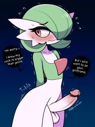 3:4 absurd_res anthro balls blush bodily_fluids english_text erection femboy gardevoir generation_3_pokemon genitals green_hair hair hi_res humanoid interspecies male misgendering nervous nintendo penis pokemon pokemon_(species) red_eyes shaking shy solo speech_bubble standing sweat sweatdrop t-kila text tremble_lines trembling white_body white_skin