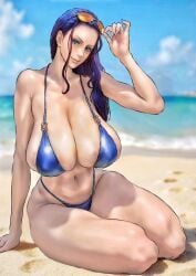 1girl b_0_rukia barely_contained beach bikini blue_eyes blue_hair breasts colored_nails curvy eyewear_on_head hair_slicked_back highres huge_breasts long_hair long_nails looking_at_viewer mature_female nico_robin ocean one_piece orange-tinted_eyewear sitting solo solo_female thick_thighs thighs tinted_eyewear