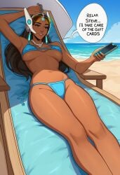 1girl ai_generated aqua_nails arm_up armpits bare_shoulders beach beach_chair beach_umbrella bikini black_hair blue_bikini blue_nails blue_sky breasts breasts_apart brown_eyes brown_lips cellphone clothing cloud covered_nipples dark-skinned_female dark_skin day earrings english_text eyewear_on_head feet_out_of_frame female fingernails forehead_jewel headgear holding holding_phone jewelry large_breasts lips long_hair looking_at_viewer lying makeup nail_polish navel necklace ocean on_back outdoors overwatch parted_lips phone sand side-tie_bikini_bottom sky smartphone smile solo speech_bubble string_bikini sunglasses swimsuit symmetra thighs tinted_eyewear umbrella underboob water
