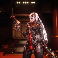 1girls 2d ai_edit ai_generated android completely_nude edit edited nude overwatch pussy red_eyes robot robot_girl robot_humanoid robot_pussy shion solo solo_female white_hair