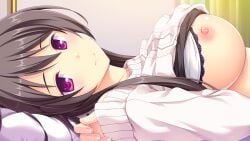 1girl black_hair blush bra bra_lift breasts clothes_lift curtains game_cg ichijou_aoi large_breasts long_hair long_sleeves looking_at_viewer lying melty_moment nipples on_back pillow purple_eyes shirt_lift sleeves_past_wrists smile solo sweater takayaki underwear white_bra