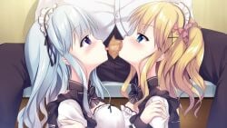 1boy 1boy1girl 2girls aqua_hair blonde_hair blowjob braided_hair breasts censored clothed cooperative_fellatio game_cg hair_ornament hair_ribbon kimi_to_hajimeru_dasan_tekina_lovecome large_breasts long_hair maid maid_headdress maid_outfit maid_uniform medium_breasts mosaic_censoring penis sakura_nono shirt side_braid side_ponytail sousouman teidou_shirayuki threesome tied_hair wavy_hair