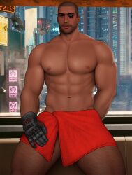 1boy big_pecs chest_hair cyberpunk_2077 drawnpr0n hairy_legs happy_trail male male_only muscular muscular_male navel nipples pecs river_ward solo solo_focus solo_male tagme towel towel_around_waist towel_only