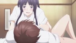 2girls anime_screencap ass assisted_exposure blush bouncing_breasts brown_eyes brown_hair english_subtitles fingering huge_breasts jiggling_breasts kissing large_breasts licking_nipples long_hair moaning moaning_in_pleasure mole_under_mouth necklace nipples nude oerba_yun_fang on_bed ookii_onnanoko_wa_suki_desu_ka purple_eyes purple_hair pussy_juice shirt_lift short_hair symmetrical_docking tagme tears tomboy undressing video yuri