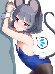 1girl 1girls against_wall animal_ears armpits bare_back bare_shoulders bending_over bent_over blue_leotard blush blush_lines blushing bunny_ears bunny_girl bunny_tail bunnysuit closed_mouth detached_collar embarrassed fake_tail flat_chest green_hair half-closed_eyes high_leg_leotard jewelry kisaragi_koushi leotard light_blush mouse mouse_ears mouse_girl mouse_tail nazrin playboy_bunny raised_tail rat rat_ears rat_girl red_eyes short_hair small_body sole_female solo spoken_sweatdrop strapless strapless_leotard tagme tail touhou wrist_cuffs
