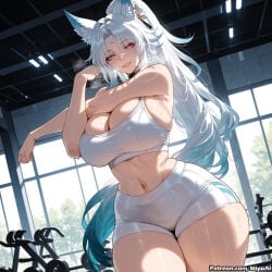 1girl ai_assisted ai_generated animal_ear_fluff animal_ears bangs bare_shoulders blue_eyes blush breasts cleavage curvaceous curvy curvy_female curvy_figure eyebrows_visible_through_hair feixiao_(honkai:_star_rail) female honkai:_star_rail honkai_(series) huge_breasts indoors long_hair looking_at_viewer midriff miyuai navel parted_bangs shorts silver_hair smile solo standing sweat thick thick_ass thick_butt thick_hips thick_legs thick_thighs thighs voluptuous voluptuous_female wide_hips wide_thighs window