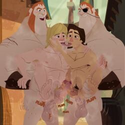 anal anal_penetration anal_sex bara blonde_hair body_hair brown_eyes brown_hair disney eugene_fitzherbert flynn_rider foursome frozen_(film) gay ginger_hair harzu kristoff_(frozen) making_out male male/male male_only muscular muscular_male patchy_(tangled) red_hair sideburns_(tangled) stabbington_brothers tangled tangled:_the_series xray_view