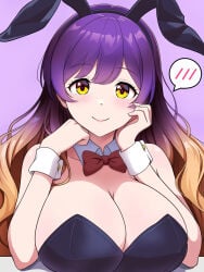 1girl 1girls animal_ears bare_shoulders big_breasts black_leotard blonde_hair blush blush_lines blushing blushing_at_viewer bow bowtie breasts brown_hair bunny_ears bunny_girl bunnysuit cheek_rest cleavage closed_smile collar collarbone detached_collar fake_animal_ears hand_on_own_cheek hand_on_own_face happy hijiri_byakuren kisaragi_koushi large_breasts leotard light_blush long_hair looking_at_viewer mouth_closed multicolored_hair playboy_bunny purple_hair red_bow red_bowtie red_ribbon ribbon smile smile_at_viewer smiley_face sole_female solo solo_female solo_focus spoken_blush strapless strapless_leotard tagme touhou upper_body upper_body_focus upper_body_only wrist_cuffs yellow_eyes