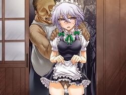 1boy 1girls blush censored crotchless_panties fat_man grey_hair maid panties pussy pussy_juice sakuya_izayoi segami_daisuke skirt_lift sweat tongue touhou wet