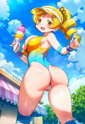 1girl ai_generated artist_logo ass ass_focus back_view big_boobs big_breasts bubble_ass bubble_butt butt butt_focus cap cleavage curvy curvy_female curvy_figure daytime drill_hair drill_ponytail hi_res ice_cream kneepads large_breasts leotard looking_at_viewer looking_back looking_back_at_viewer madoka_worship magical_girl mahou_shoujo_madoka_magica outdoors ponytail puella_magi_madoka_magica round_ass round_butt skin_tight smile sunny tight_clothing tomoe_mami voluptuous voluptuous_body voluptuous_female wide_hips yellow_eyes yellow_hair