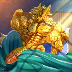 1:1 abs anthro bed bed_sheet bedding biceps big_muscles big_penis blanket blonde_hair canid canine erection fennec_fox flexing flexing_bicep fox fur furniture genitals hair hi_res huge_muscles huge_penis hyper hyper_genitalia hyper_muscles hyper_penis long_tail looking_at_viewer lying male mammal muscular muscular_anthro muscular_arms muscular_male nude on_back pecs penis pillow pose purple_eyes solo taiko-sihori tail thick_thighs true_fox vein veiny_arms veiny_muscles veiny_penis yellow_body yellow_fur