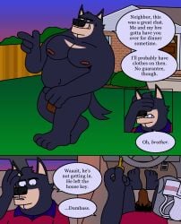 absurd_res anthro balls black_body black_outline brother_(lore) brothers_(lore) building canid canine canis car_interior clothing collared_shirt comic dialogue domestic_dog duo eddicus edgar_(eddicus) english_text eyebrows facepalm facial_hair foreskin fur genitals hi_res house husky inside_vehicle jockstrap joel_(eddicus) male mammal muscular muscular_male mustache nordic_sled_dog outdoor_nudity outline overweight penis polo_shirt pubes red_clothing red_shirt red_topwear shirt sibling_(lore) speech_bubble spitz sunset tan_body tan_fur text thick_eyebrows topwear underwear