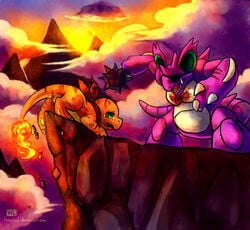 blood charmander cliff clouds color crying cuts eye_patch eyewear fire green_eyes haychel mace mountain nidoking nintendo orange_body outdoors pokemon pokemon_(species) purple_body scarf sunset tail tail_fire weapon