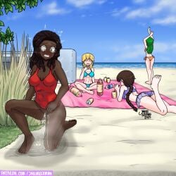 4girls barefoot beach blush female_only glasses jailor_eckman multiple_girls original original_characters outdoors peeing red_one-piece_swimsuit swimsuit swimsuit_aside swimwear