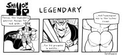 1boy armor back_view big_ass big_butt butt comic dialogue english_text gay male male_only muscular muscular_male presenting solo solo_focus spedumon sword text warrior