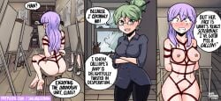 2girls arms_behind_back art_class ass barefoot blush bondage breasts breasts_out clothed_female_nude_female crying earrings functionally_nude functionally_nude_female green_hair hair_bun have_to_pee indoors jailor_eckman long_hair medium_breasts modeling nipples nude_female nude_modeling original original_characters purple_hair tears
