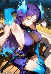 1girl ai_generated armpits bare_shoulders blue_fire breasts brighid_(xenoblade) closed_eyes elbow_gloves fiery_hair fire gloves large_breasts long_hair purple_hair sideboob sitting solo_focus spoken_question_mark sunori very_long_hair xenoblade_(series) xenoblade_chronicles_2