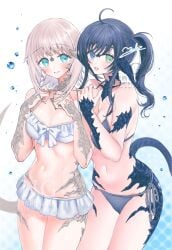 2girls au_ra black_hair black_swimsuit blue_eyes breasts brown_hair female final_fantasy final_fantasy_xiv horns long_hair multicolored_eyes multiple_girls ponytail raen scales small_breasts swimsuit tail white_swimsuit xaela