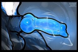 animal_genitalia animal_penis anthro balls blue_penis bodily_fluids canid canine canis clyde_wolf digital_media_(artwork) erection fur genital_fluids genital_shot genitals glowing glowing_genitalia glowing_penis knot male mammal musk nude penis precum sheath simple_background solo sweat