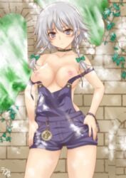 alternate_costume blush bow braid breasts broken_wall collar collarbone female grey_eyes hairbow hands_on_hips highres human large_breasts looking_at_viewer nipples no_bra overalls pocket_watch sakuya_izayoi silver_hair solo strap_slip suspenders touhou twin_braids umyonge_(lkakeu) uncensored vines wall watch