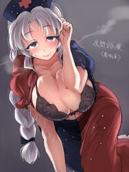 adjusting_hair areola_slip areolae ario arm_support black_bra blush bra braid breasts cleavage collarbone curvy eirin_yagokoro female hair_flip hat huge_breasts large_breasts lingerie long_hair looking_at_viewer open_clothes open_shirt purple_eyes rough shirt smile solo sweat text touhou translation_request underwear white_hair