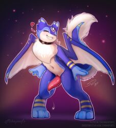 3_fingers 3_toes animal_genitalia animal_penis anthro bedroom_eyes belly biped blue_arms blue_body blue_fur blue_markings blush bodily_fluids bottomless cetacean_genitalia cetacean_penis choker clothed clothing collar countershade_torso countershading digitigrade dragon dripping english_text erection feet fingers fluffy fluffy_tail front_view fur furred_dragon furred_scalie furry_tail genital_fluids genital_slit genitals gloves_(marking) head_markings heart_symbol hi_res horn jewelry leaking_precum leaning leaning_backward leg_markings looking_at_viewer male male_anthro markings membrane_(anatomy) membranous_wings midriff mika_(mikapoofs) mikapoofs motion_lines motion_outline multi_ear multicolored_body multicolored_fur mythological_creature mythological_scalie mythology narrowed_eyes navel neck_tuft necklace nude pawpads paws penile penis pink_penis pinup pointy_ears pose precum precum_drip scalie seductive simple_background slim smile socks_(marking) solo standing striped_markings stripes symbol tail tail_fluff tail_tuft tapering_penis tapering_tail teeth text thick_tail throbbing toes topless tuft two_tone_body two_tone_fur two_tone_tail two_tone_wings white_belly white_body white_fur white_horn wide_hips wings yellow_eyes yellow_markings yellow_pawpads yellow_stripes