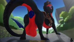 2022 7:4 anthro_taur anus balls building canid canine canis dialogue digitigrade genitals hi_res low_hanging_balls male mammal motion_lines nolow nude outside plant saddle smile solo taur tree wolf