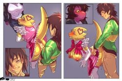 2026 4_panel_comic absurd_res age_difference alphys anthro armwear blush boss_monster_(undertale) bottomless bottomwear bow_(feature) bow_ribbon breasts brown_hair buckteeth clothed clothing comic cosplay deltarune denim denim_bottomwear denim_clothing dress elbow_gloves erection eyewear facial_scar female female_penetrated frilly frilly_clothing genitals glasses gloves green_clothing green_shirt green_topwear grey_background group hair handwear hi_res kristhianquint4 legwear lobotomy_corporation male male/female male_penetrating male_penetrating_female mammal nipples non-mammal_breasts older_female penetration penis project_moon purple_body purple_scales red_eyes scales scar sex shirt simple_background stockings student susie_(deltarune) tail teacher teacher_and_student teeth the_queen_of_hatred topwear trio undertale_(series) yellow_body yellow_scales younger_male