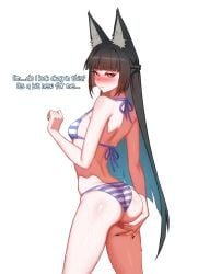 1girls ass bikini black_nails breasts colored_nails english_text female female_focus female_only hoshimi_miyabi light-skinned_female light_skin long_nails looking_at_viewer looking_back onepen painted_nails solo swimsuit text thighs white_background zenless_zone_zero