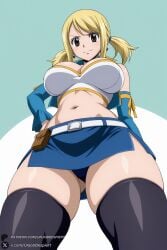 1female 1girl 1girls 2026 ai_generated artist_name ass_visible_through_thighs belt big_ass big_breasts black_thighhighs blonde_hair breasts brown_eyes cleavage crop_top curvy detached_sleeves earrings fairy_tail from_below hand_on_hip hi_res high_quality high_resolution highres huge_ass huge_breasts jewelry large_breasts looking_at_viewer lucy_heartfilia midriff miniskirt navel panties pantyshot patreon patreon_username skindentation skirt smile solo thighhighs thighs twintails underwear unjobdespiert watermark