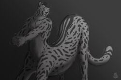 2022 anthro_taur cheetah felid feline hair hi_res looking_at_viewer male mammal monochrome nolow nolow_(character) nude smile solo stretching taur whiskers