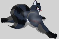 aidantheredpanda anthro big_breasts big_butt biped black_body black_fur bodily_fluids breasts butt female female_anthro fur genital_fluids genitals heart_symbol hi_res looking_at_viewer looking_back looking_back_at_viewer luna_the_raccoon lying mammal on_front orange_eyes procyonid raccoon signature solo spread_legs spreading thick_thighs vaginal_fluids vulva wide_hips