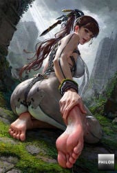 1girls ai_generated ass barefoot bodysuit breasts brown_eyes brown_hair cloud cloudy_sky dirty dirty_feet eve_(stellar_blade) feet foot_focus from_behind hair_ornament jewelry large_breasts lips long_hair looking_at_viewer looking_back moss open_mouth outdoors philon ponytail ruins sitting skin_tight sky soles solo stable_diffusion stellar_blade sunlight toes