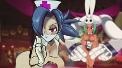 2girls 3d amateurthrowaway blue_hair boobjob bunnysuit cerebella competition flexing green_hair has_audio nurse nurse_cap nurse_uniform paizuri paizuri_over_clothes skullgirls standing_paizuri tagme valentine_(skullgirls) vice-versa video