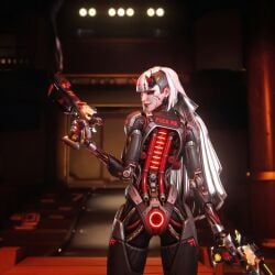 1girls 2d ai_edit ai_generated android anus completely_nude edit edited nude overwatch red_eyes robot robot_anus robot_girl robot_humanoid shion solo solo_female text white_hair