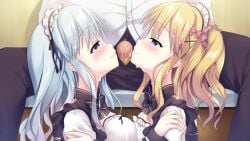1boy 1boy1girl 2girls after_fellatio aqua_hair blonde_hair blowjob braided_hair breasts censored clothed cooperative_fellatio cum cum_on_face cum_on_hair cum_on_penis cum_outside cum_string game_cg hair_ornament hair_ribbon kimi_to_hajimeru_dasan_tekina_lovecome large_breasts long_hair maid maid_headdress maid_outfit maid_uniform medium_breasts mosaic_censoring penis sakura_nono shirt side_braid side_ponytail sousouman teidou_shirayuki threesome tied_hair wavy_hair