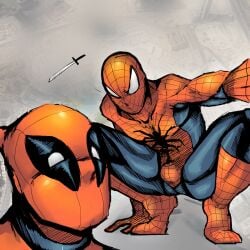 2boys bulge bulge_through_clothing bulge_under_clothes deadpool deadpool_(series) fully_clothed male male/male male_only peter_parker selfie spider-man spider-man_(series) spideypool superhero superhero_costume tagme tagme_(artist) tight_suit wade_wilson