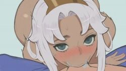 1boy 1girl 1girls blowjob blue_eyes blush buttknight crown deepthroat fellatio game_cg image looking_at_viewer male/female male_pov naked oral pov princess royalty sucking sucking_penis valerie_(buttknight) white_hair