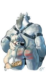 absurd_res anthro backsack balls bridle butt butt_slap duo equid equine fufer genitals harness hi_res horse male male/male mammal muscular muscular_anthro muscular_male nude nude_anthro nude_male obscured_eyes paddle size_difference slap spank_marks spank_marks_on_ass spanked_butt spanking spanking_focus