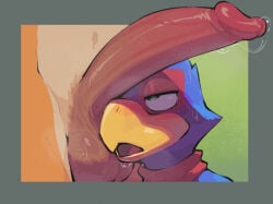 anthro anthro_on_anthro avian balls beak biped bird blue_body blue_feathers blush blush_lines bodily_fluids border canid canine cock_drunk duo erection eye_roll falco_lombardi feathers fox fox_mccloud fur genital_fluids genital_focus genitals glans green_eyes half-closed_eyes heart_eyes heart_symbol humanoid_genitalia humanoid_penis interspecies kerchief male male/male mammal multicolored_body musk musky_balls musky_penis narrowed_eyes neckerchief neckwear nintendo open_beak open_mouth orange_body orange_fur penis penis_focus penis_on_face precum red_body simple_background star_fox sweat tongue unsavoryimpcat