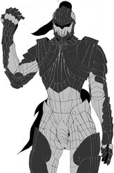 1boy armor black_hair codpiece fantasy hair helmet human knight male male_only man_in_the_armor mask medieval medieval_armour penis portrait sketch solo testicles white_background