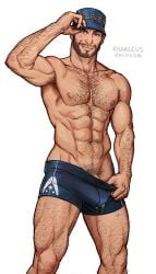 1boy abs cap hairy hairy_chest hat hat_only holding_underwear jeff_moreau male male_only marccus mass_effect muscular muscular_male solo solo_focus solo_male tagme underwear underwear_only