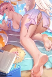 1girl 1girls back_view beach exlic feet large_breasts pink_hair remielle_(zenless_zone_zero) remielle_dan solo_female swimwear wings