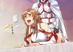 ahe_gao aincrad armor azasuke blush brown_eyes brown_hair cheating clothed_sex detached_sleeves exhibitionism female fucked_silly holographic_interface knights_of_the_blood kuradeel laughing_coffin looking_pleasured male netorare open_mouth red_hair saliva sex straight sword_art_online sword_art_online:_fairy_dance tear thighhighs tongue white_legwear yuuki_asuna