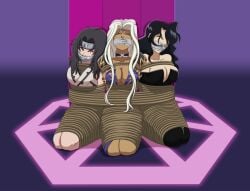 3girls bondage captured cleavage closed_eyes defeated gag kurenai_yuhi lust_(fullmetal_alchemist) merinthos party_wipe rope rope_bondage tape tape_gag urd