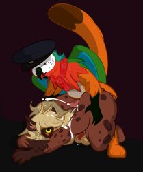 animal_genitalia animal_penis anthro ascot avian balls beak bent_over big_balls big_beak big_butt big_tail bird blonde_hair bodily_fluids brown_body butt canine_genitalia canine_penis claws cum cum_in_hair cum_on_butt duo ejaculation facial_piercing feathers felid feline feline_genitalia feline_penis flaccid genital_fluids genitals gryphon hair happy happy_sex hi_res hot_dogging hyena kneeling looking_back male male/male mammal mythological_avian mythological_creature mythology nose_piercing nose_ring one_eye_closed orange_body parrot paws penis piercing precum ring_piercing sex sharp_teeth simple_background slightly_chubby smile spots tail teeth villegreen wide_hips wings