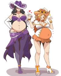 2girls alternate_version_at_source arbrianarchy black_hair blue_eyes breasts brown_eyes cowboy_hat elbow_gloves female height_difference high_heels holding_hands human large_breasts nami_(one_piece) nico_robin one_piece open_toe_shoes orange_hair painted_nails pirate popped_navel pregnant ready_to_pop thick_thighs wide_hips wink yuri