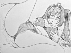 1girl absurdres ahoge art_tools_in_frame blush bra breasts commentary eiyuu_densetsu embarrassed english_commentary estelle_bright feet_out_of_frame frown furrowed_brow grabbing_own_breast graphite_(medium) greyscale hair_intakes highres long_hair looking_at_viewer lying medium_breasts monochrome on_back panties parted_lips simple_background solo sora_no_kiseki spread_legs sweat takuu_(seadog6662) traditional_media twintails underwear underwear_only